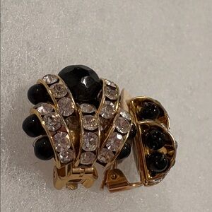 Vintage Lois Ann Hand made Blk & Gold Channel Black Crystal Clip Earring New